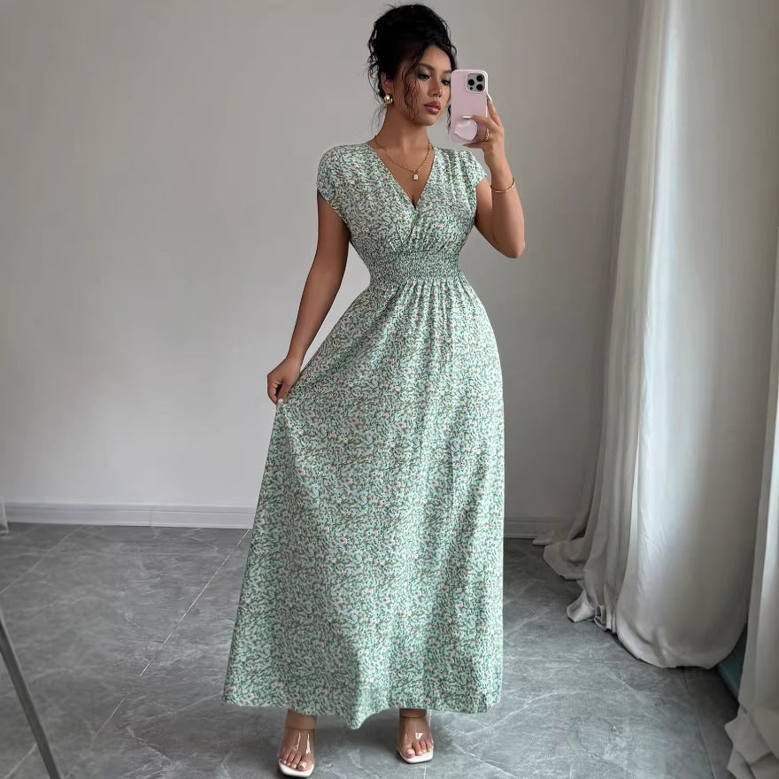 Womens French-style V-neck Summer Slim-fit Figure-flattering Dress