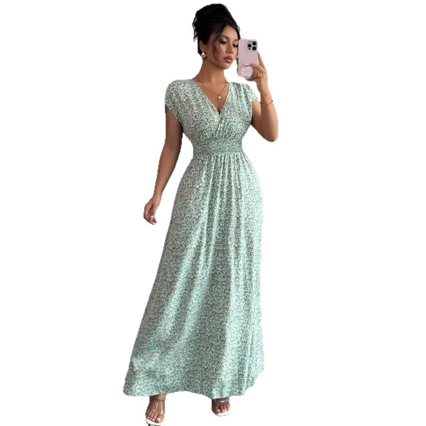 Womens French-style V-neck Summer Slim-fit Figure-flattering Dress