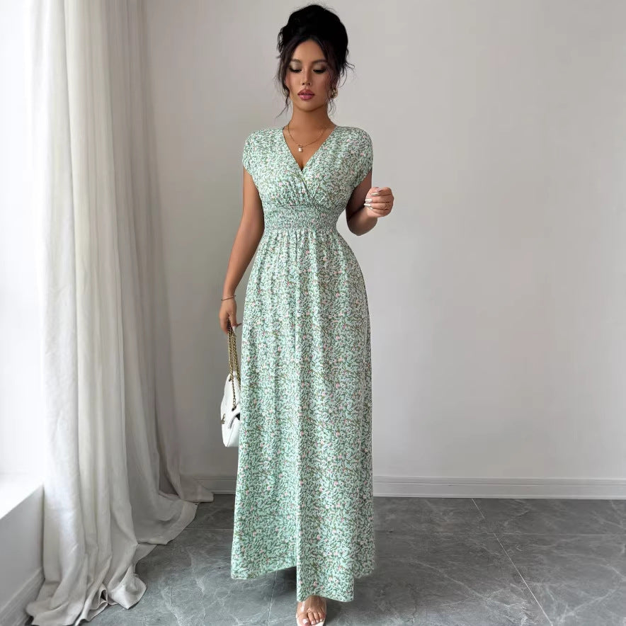 Womens French-style V-neck Summer Slim-fit Figure-flattering Dress