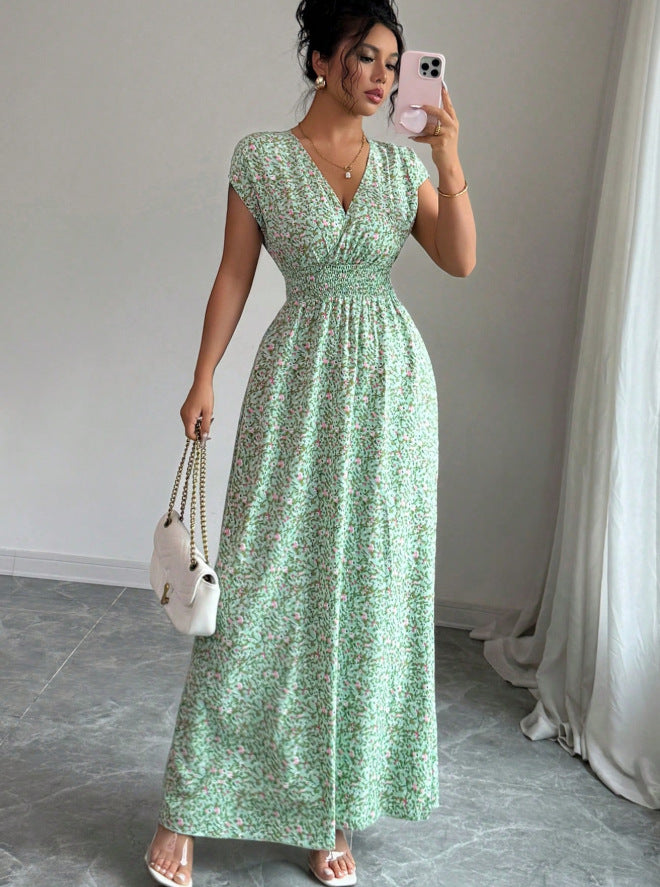 Womens French-style V-neck Summer Slim-fit Figure-flattering Dress
